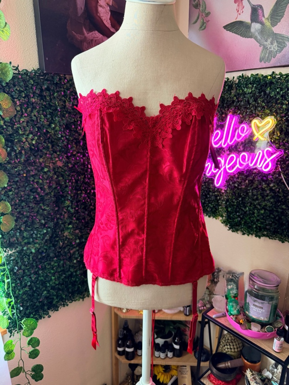 Strapless Red Lace-Trim Corset Top with Garter Straps